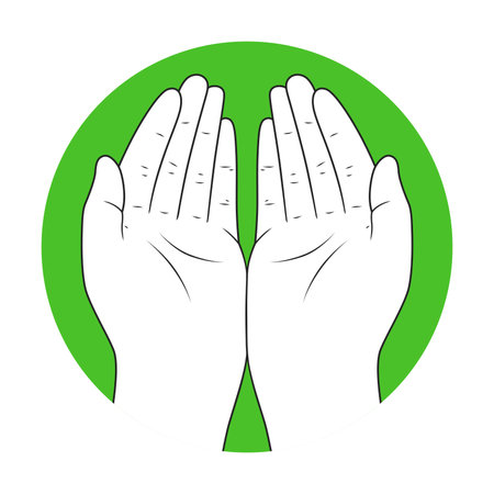 Vector illustration of two hands in prayer with a green circular background, black line art with white skin toneのイラスト素材