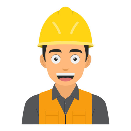 Vector illustration of a young factory worker smiling, wearing a yellow helmet and work uniform, isolated on a white background, avatar designのイラスト素材