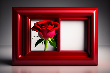 Red rose in red frame on gray background. 3D illustration.