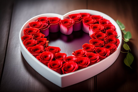 Valentine's Day background with red roses in a heart shaped boxの写真素材