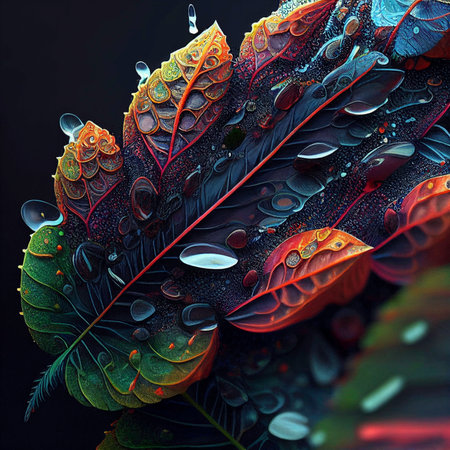 Fractal 3D illustration of a leaf with water droplets