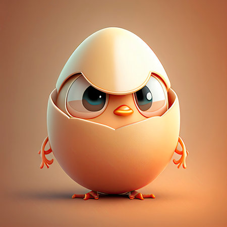 Cute cartoon chicken with eggshell. Easter concept. 3d renderingの写真素材