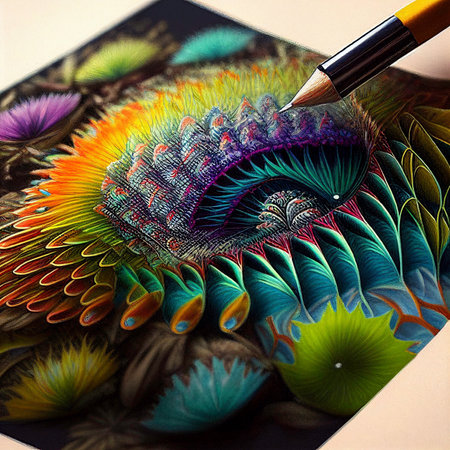 Close-up of a pencil drawing on a colorful fractal 3d pattern