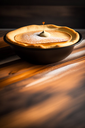 Pancakes with butter and honey on a wooden background. Toned.の写真素材