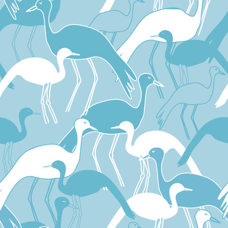 Seamless pattern with African folk art  Blue crane and birds. Vector illustration.のイラスト素材