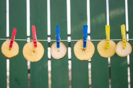 Many slices of apples hang on the rope to dry