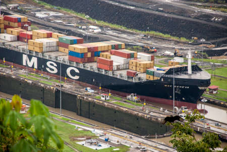 MSC Geneva Cargo Ship - Mediterranean Shipping Company Cargo Ship in Panama Canal - September 29, 2013のeditorial素材