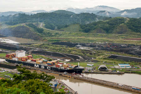 MSC Geneva Cargo Ship - Mediterranean Shipping Company Cargo Ship in Panama Canal - September 29, 2013のeditorial素材