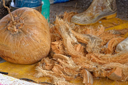 Coconut fruits handcraft in a street market in Bangkok - Thailandの写真素材