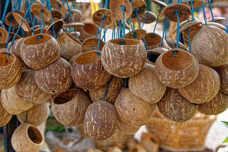 Coconut fruits handcraft in a street market in Bangkok - Thailandの写真素材