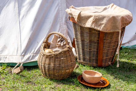 Old baskets and kitchenware - Medieval Festival Durham, United Kingdom - 5th of August 2018の写真素材