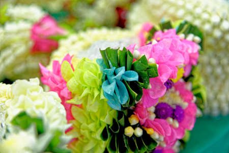 Flower Market Thailand, Bangkok. Hand made flower arrangements used as offerings in buddhist templesの写真素材