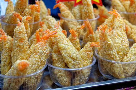 Fresh fried shrimps in the fishing market in Ao Nang - Thailand Southeast Asia