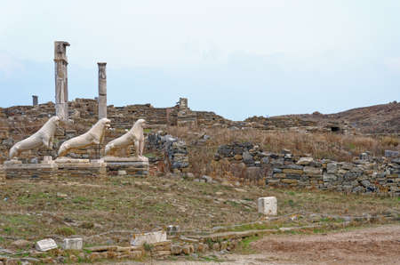 Remnants of lion guard statues on the Cycladean island of Delos, Mykonos prefecture, Greece, Summer 2011の写真素材