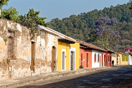 Morning street scene in the scenic central city - Antigua Guatemala, Sacatepequez, Guatemala, Central America - 24th of March 2011のeditorial素材