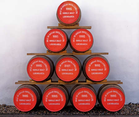 Display of Whisky barrels - Lochranza Distillery - Isle of Arran, Scotland, United Kingdom - 21st of July 2021のeditorial素材
