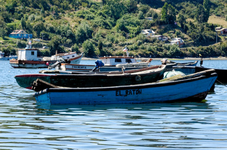 Fishing Boats in Golfo de Ancud - Castro Bay, Chilo Island in Chile's Lake District. 16th of February 2014 - Castro, Chile, South Americaのeditorial素材