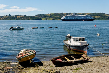 MS Zaandam Cruise ship in Golfo de Ancud on Chilo Island. Castro is a city on Chilo Island in Chile's Lake District. 11th of January 2014 - Castro Chile, South Americaのeditorial素材