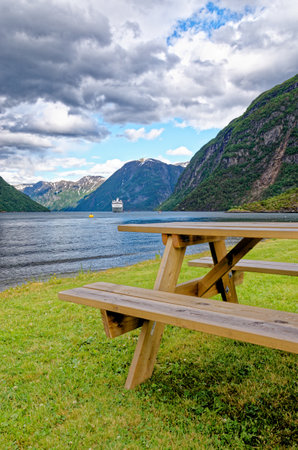 MSC Lirica Cruise ship in Norwegian Fjords - Geiranger fjord - Hellesylt, Sunnylvsfjord, Norway, Scandinavia. Travel destination Norway. 02.07.2012のeditorial素材