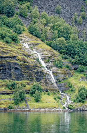 Travel destination north of Europe: View of Aurlandsfjord on approach to Flaam, Norway. Beautiful view of Norwegian Fjord from a cruise boat trip. 15th of July 2012の写真素材