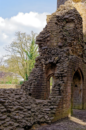 Inside walls of Nunney Castle and moat in the village of Nunney. Built in the 1370s by Sir John de la Mere, Somerset, England, United Kingdom - 8th of April 2023のeditorial素材