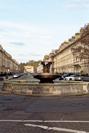 Fountain at Laura Place and Great Pulteney Street in Bath city, Somerset, England - 8th of April 2023のeditorial素材