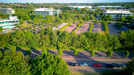 An aerial view along the Thames river by Thames Valley Park heading into Reading, United Kingdom - 03.06.2023のeditorial素材