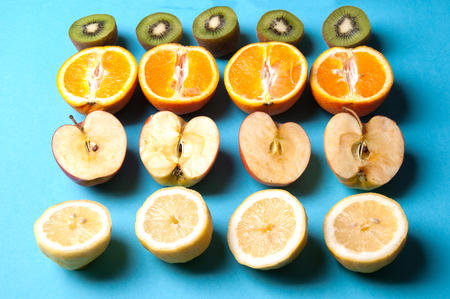 Healthy fruits on a blue background from aboveの写真素材