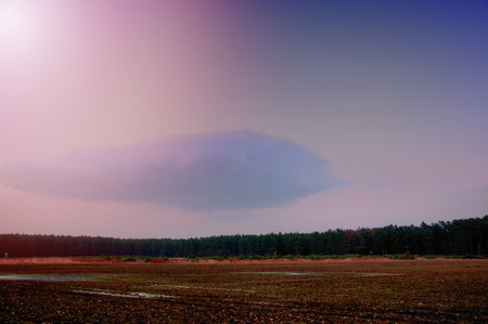 Winter or early spring landscape of field with raised hide under cloudy sky. Sad landscapeの写真素材