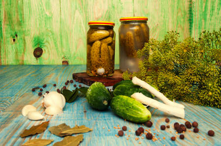 The concept of pickled cucumbers, gherkins with spices.の写真素材