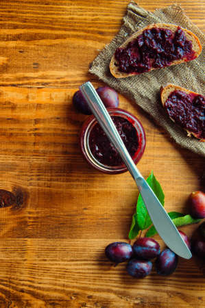 Sandwich with fresh plum jam.の写真素材