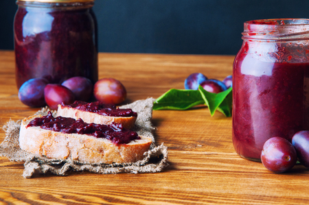 Sandwich with fresh plum jam.の写真素材