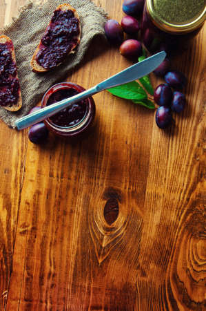 Sandwich with fresh plum jam.の写真素材