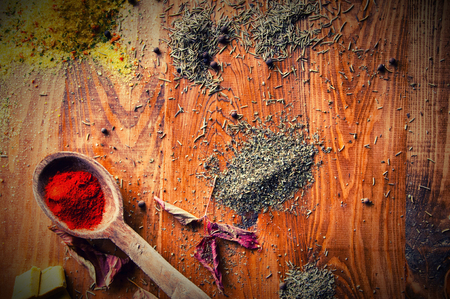 Spices on a wooden background.の写真素材