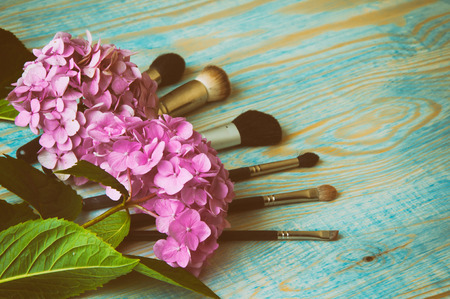 Makeup brushes and hydrangea on the abstract wooden blue background.の写真素材