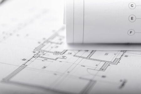 Architect rolls and architectural plan,technical project drawing.の写真素材