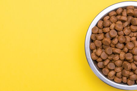 Dog food in a silver bowl. In the center. Copy, text sapce.の写真素材