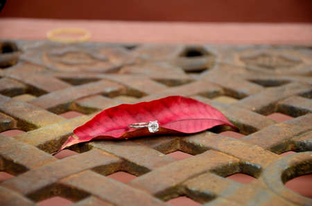 Diamond ring with red leaf on the rusty metal garden chair and table in autumnの写真素材