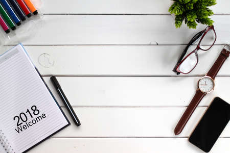 top view notebook writing 2018 welcomeの写真素材