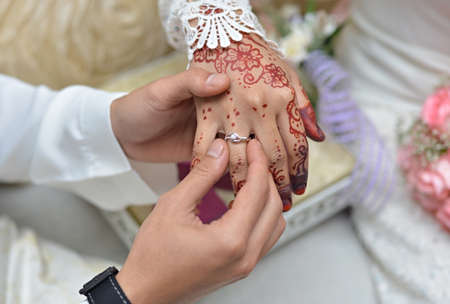 men put on a ring on the brideの写真素材