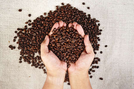 hand with coffee beanの写真素材