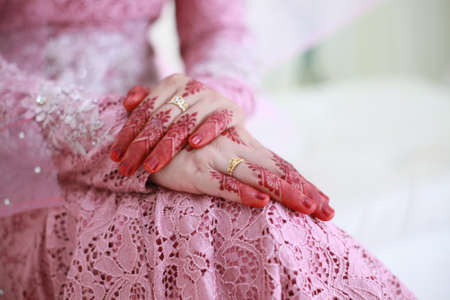 Bride hand with henna and ring. muslim weddingの写真素材