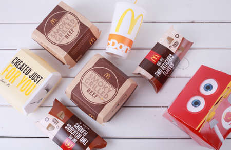 Perlis, Malaysia, October 8,2018: McDonald's box foods, burger, pai, coca cola