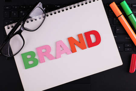 Top view BRAND written by wooden blockの写真素材