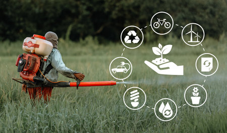 Woman spraying fertilizer in a rice field using a spray gun. The concept of environmental protection.の写真素材