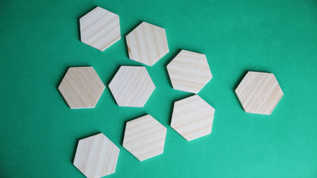 Wooden hexagons on a green background. Place for text.の写真素材