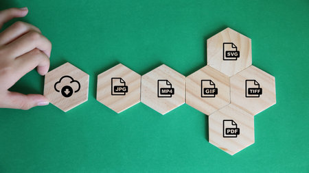 Cloud computing icon on wooden hexagons. Cloud computing technology concept.の写真素材