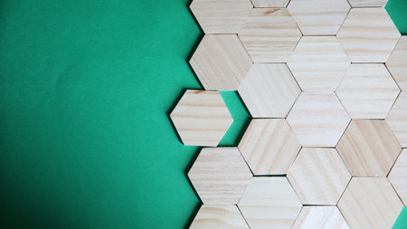 Wooden hexagons on green background. Copy space for text.の写真素材