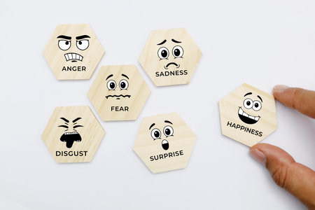 Conceptual image of human resources management. Wooden hexagons with faces