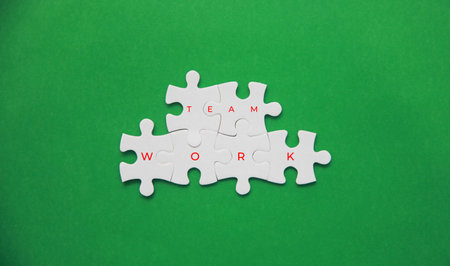 Top view of white puzzle pieces with word Team work on green backgroundの写真素材